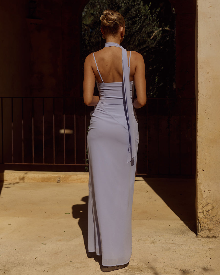 Liora Draped Scarf Maxi Dress in Sky Blue Back View | Winsome Girl Fashion