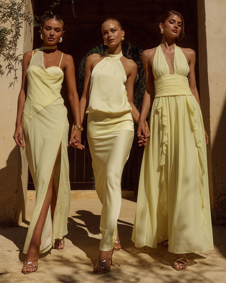 Isolina Maxi Dress Draped Frills and Cinched Waist in Butter | Winsome Girl Fashion
