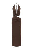 Lumia Halter Cutout Maxi Dress in Chocolate by Ruaway The Label | Winsome Girl Fashion 