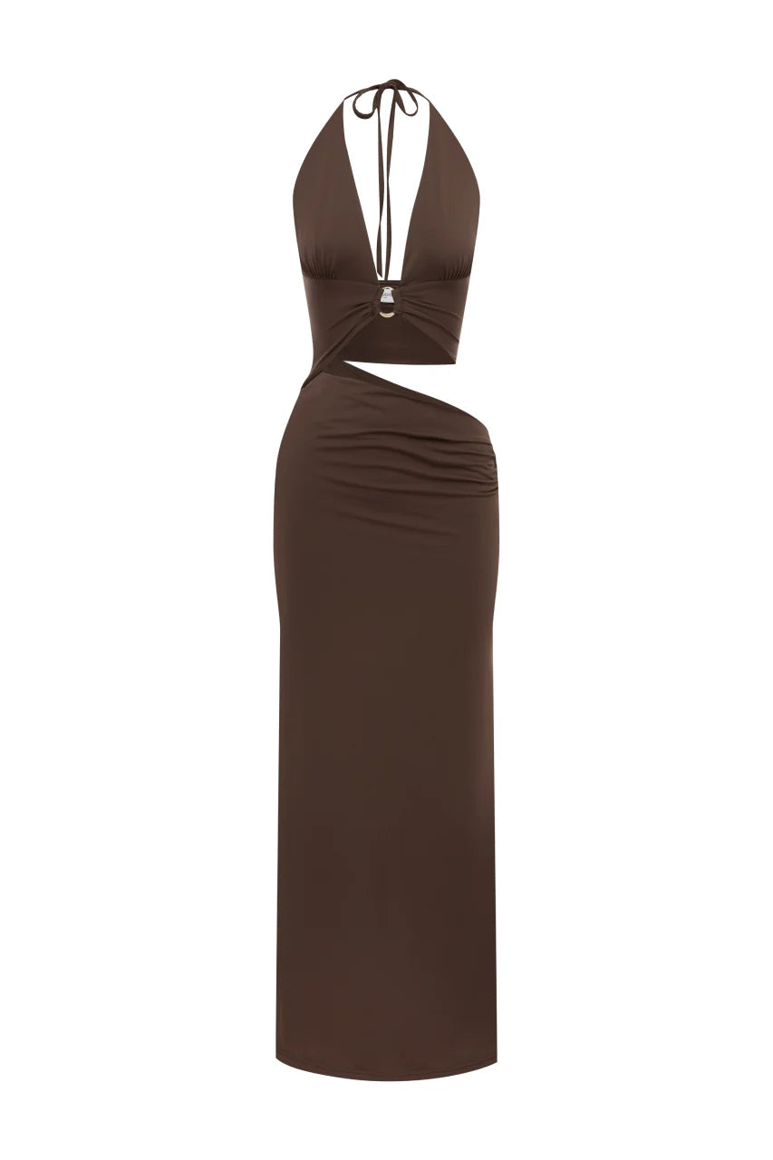Lumia Halter Cutout Maxi Dress in Chocolate by Ruaway The Label | Winsome Girl Fashion 