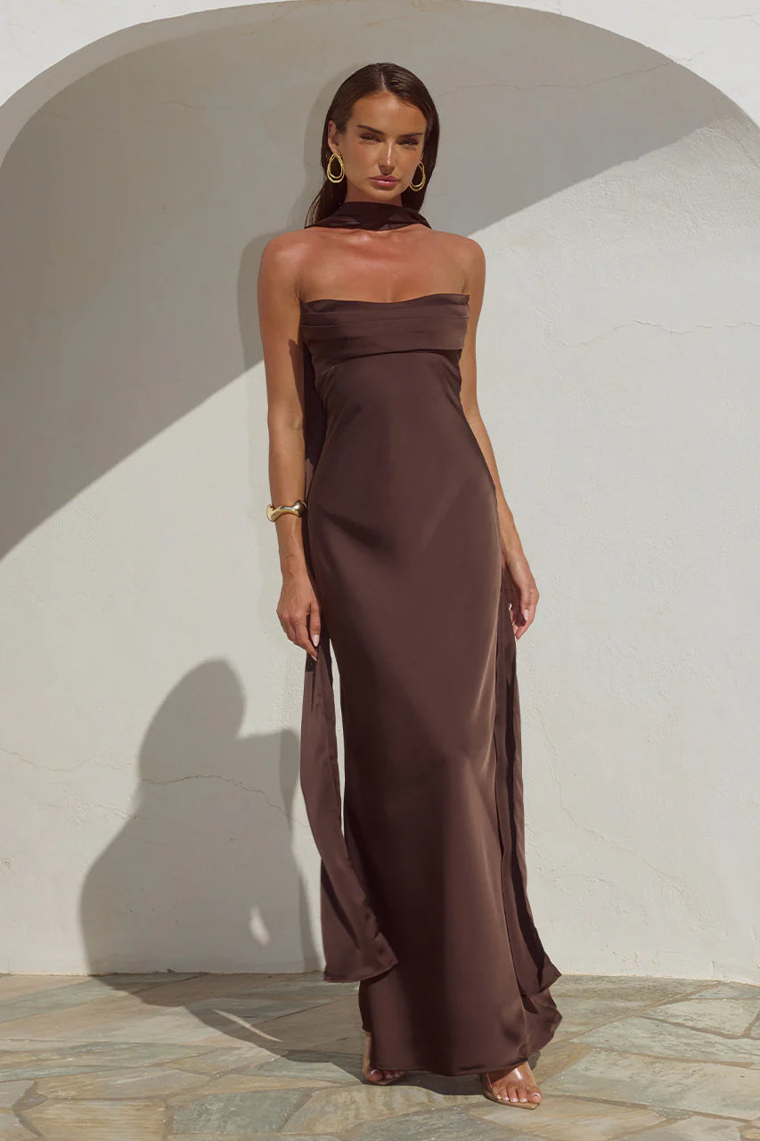 Madeleine Strapless Maxi Dress in Bitter Chocolate