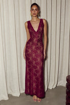 Maura Back Cutout Lace Maxi Dress in Wine by Runaway The Label | Winsome Girl Fashion 