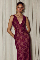 Maura Back Cutout Lace Maxi Dress in Wine by Runaway The Label | Winsome Girl Fashion 