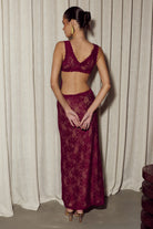Maura Back Cutout Lace Maxi Dress in Wine by Runaway The Label | Winsome Girl Fashion 