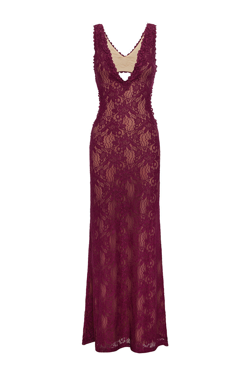 Maura Back Cutout Lace Maxi Dress in Wine by Runaway The Label | Winsome Girl Fashion 