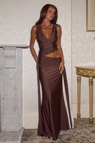 Mazini Deep Plunge Maxi Dress in Bitter Chocolate by Runaway The Label | Winsome Girl Fashion 