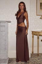 Mazini Deep Plunge Maxi Dress in Bitter Chocolate by Runaway The Label | Winsome Girl Fashion 