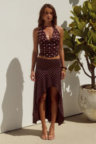 Runaway The Label - Melody Halter Cowl Top in Choc/lemon Polka