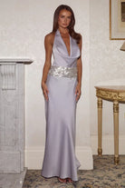 Marcella Deep Plunge Maxi Dress in Silver by Runaway The Label │ Winsome Girl Fashion
