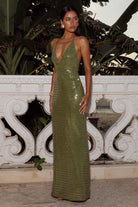 Nara Maxi Dress Halter Neck in Olive Side Profile | Winsome Girl Fashion