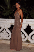 Nara Maxi Dress Halter Neck in Bronze Side Profile | Winsome Girl Fashion