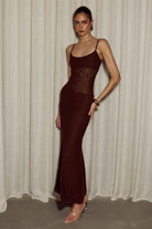 Natalie Scoop Lace Maxi Dress in Chocolate by Runaway The Label | Winsome Girl Fashion 