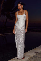 Runaway The Label Odelia Maxi Dress White Sheer Floral Overlay | Winsome Girl Fashion