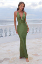 Posey Low Plunge Maxi Dress in Olive by Runaway The Label | Winsome Girl Fashion