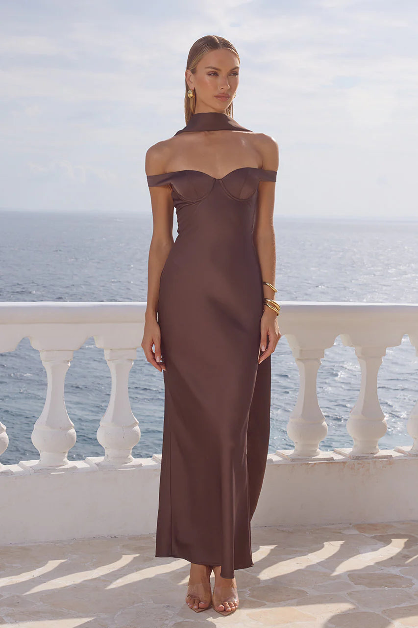 Raphaella Off Shoulder Maxi Dress in Bitter Chocolate