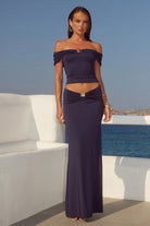 Runaway The Label - Remina Low Waist Ruched Maxi Skirt in Navy
