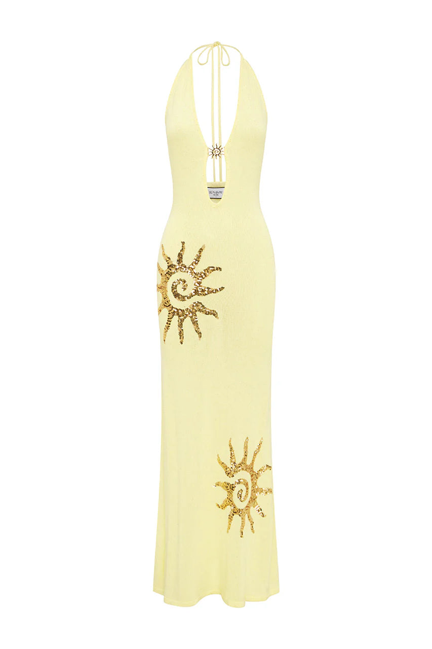 Sabrina Halter Knit Maxi Dress in Lemon