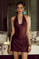Sabrine Halter Corset Mini Dress in Bitter Chocolate by Runaway The Label | Winsome Girl Fashion 