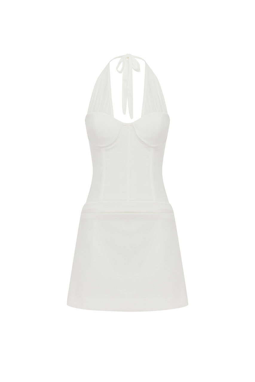 Sabrine Halter Corset Mini Dress in White by Runaway The Label | Winsome Girl Fashion 