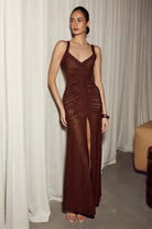 Silene Front Split Lace Maxi Dress in Chocolate by Runaway The Label | Winsome Girl 