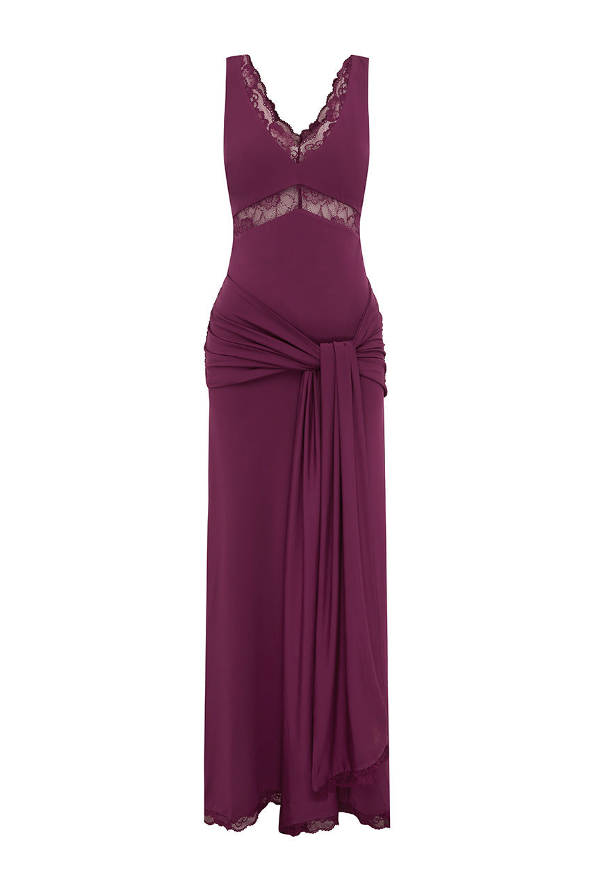 Sophia V-neck Lace Trim Maxi Dress in Plum by unaway The Label | Winsome Girl Fashion 