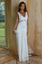 Sophia V-neck Lace Trim Maxi Dress in White