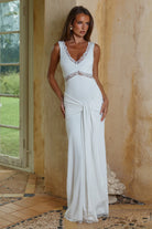 Sophia V-neck Lace Trim Maxi Dress in White