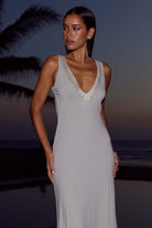 Sybilla Maxi Dress Beaded Trim Detail in Ash | Winsome Girl Fashion