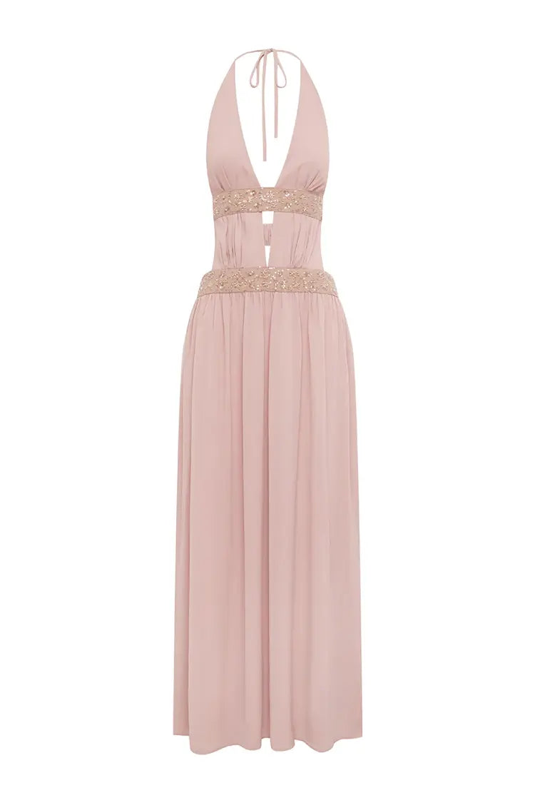 Woman wearing Runaway The Label Adrianna Plunge Ruched Maxi Dress in White
