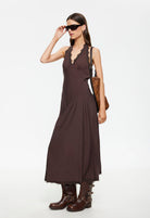 Lioness Stars Align Brown Midi Dress Halter Neckline Lace Trim | Winsome Girl