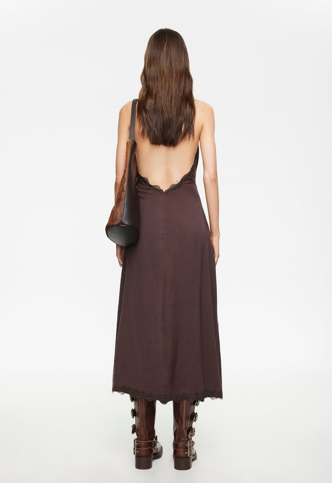 Stars Align Midi Dress Linen Blend Lace Detail in Brown | Winsome Girl