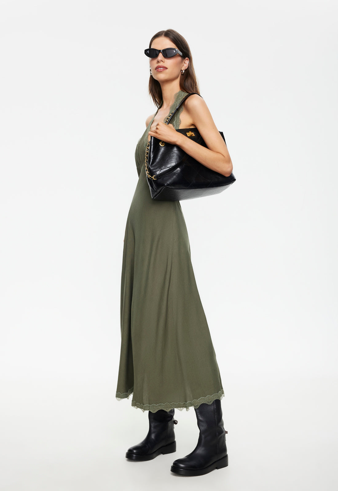 Lioness Stars Align Khaki Midi Dress Halter Neckline Lace Trim | Winsome Girl