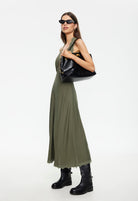Lioness Stars Align Khaki Midi Dress Halter Neckline Lace Trim | Winsome Girl