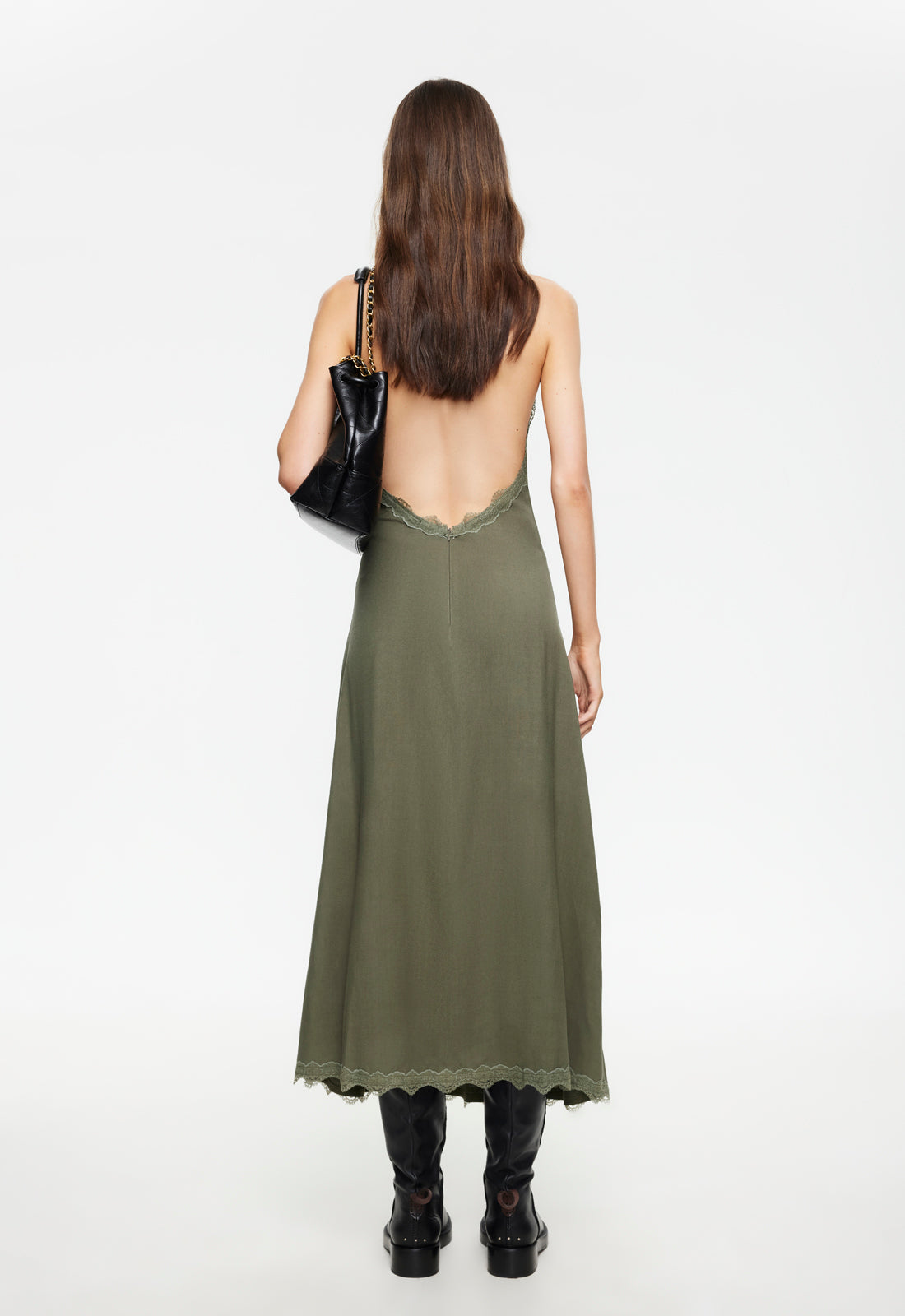 Stars Align Midi Dress Linen Blend Lace Detail in Khaki | Winsome Girl