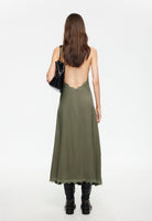 Stars Align Midi Dress Linen Blend Lace Detail in Khaki | Winsome Girl