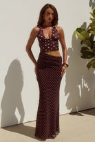 Valeria Halter Cutout Maxi Dress in Choc/Lemon Polka by Runaway The Label | Winsome Girl Fashion 