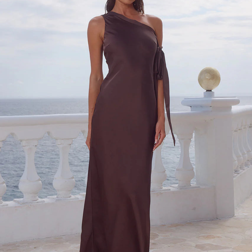 Runaway The Label - Viola One Shoulder Maxi Dress in Bitter Chocolate Winsome Girl Runaway The Label - Viola One Shoulder Maxi Dress in Bitter Chocolate Winsome Girl