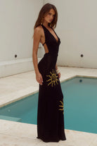 Yasmina Plunge Cowl Knit Maxi Dress in Black